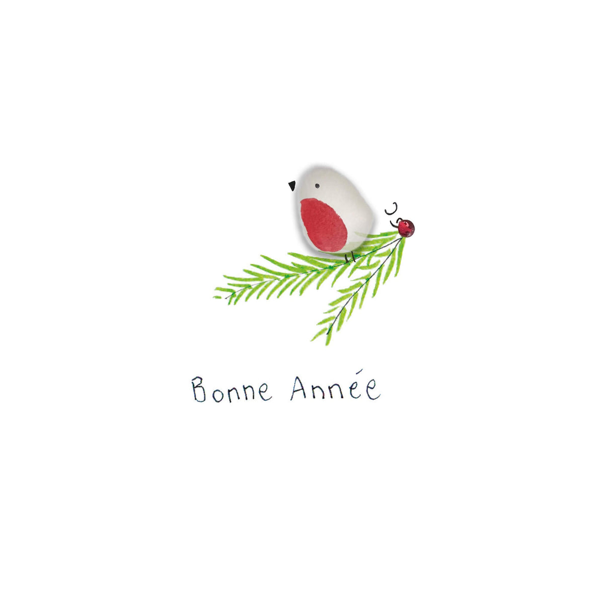 Verre de mer - Bonne année, rouge-gorge sur une branche de sapin