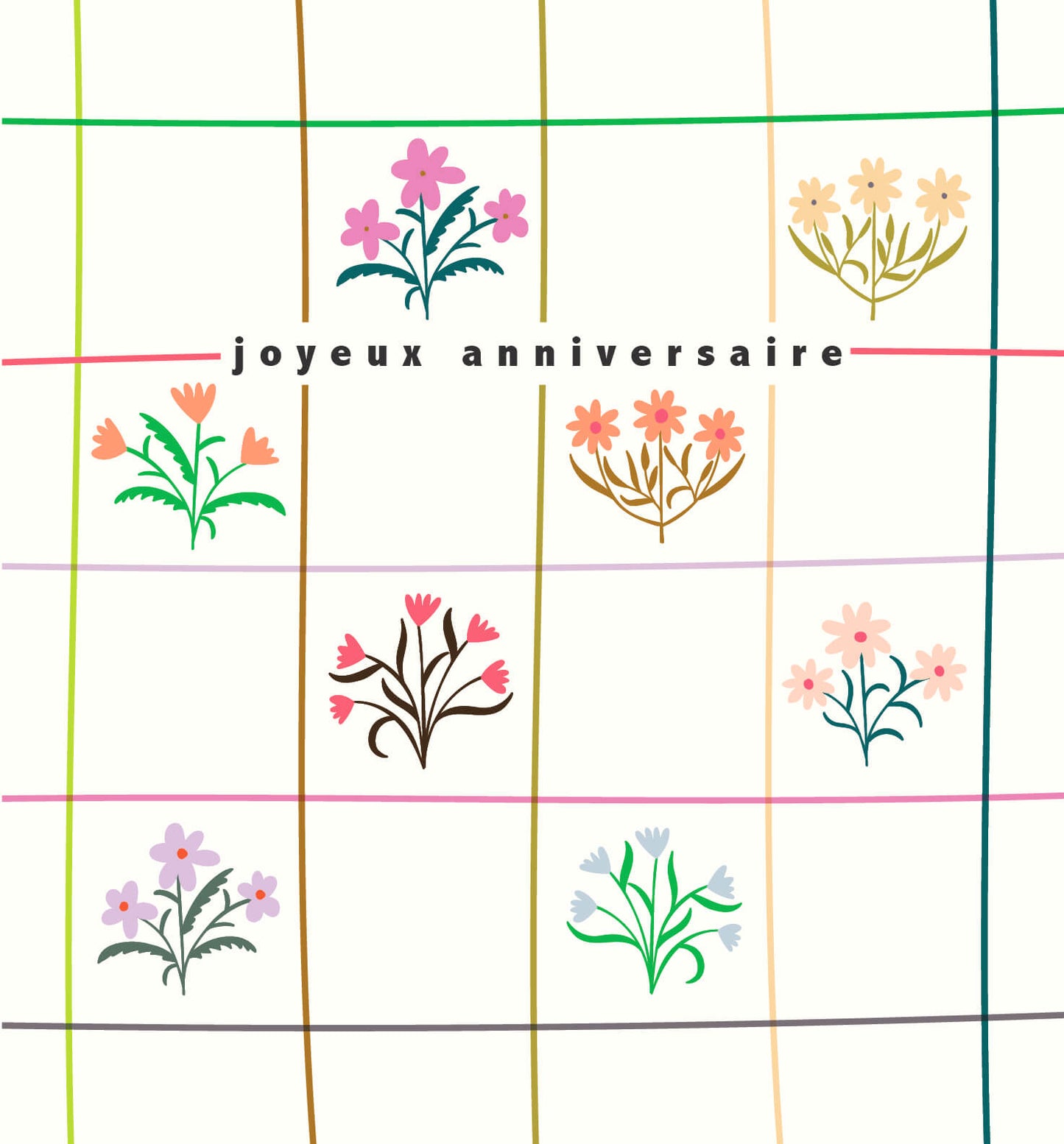 Prairie - bouquets sur fond quadrillé, joyeux anniversaire