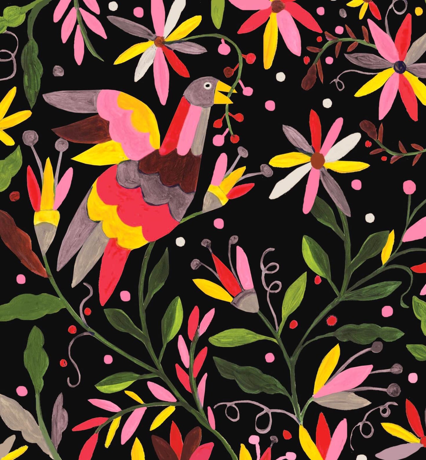 Fiesta - Oiseau et fleurs, fond noir