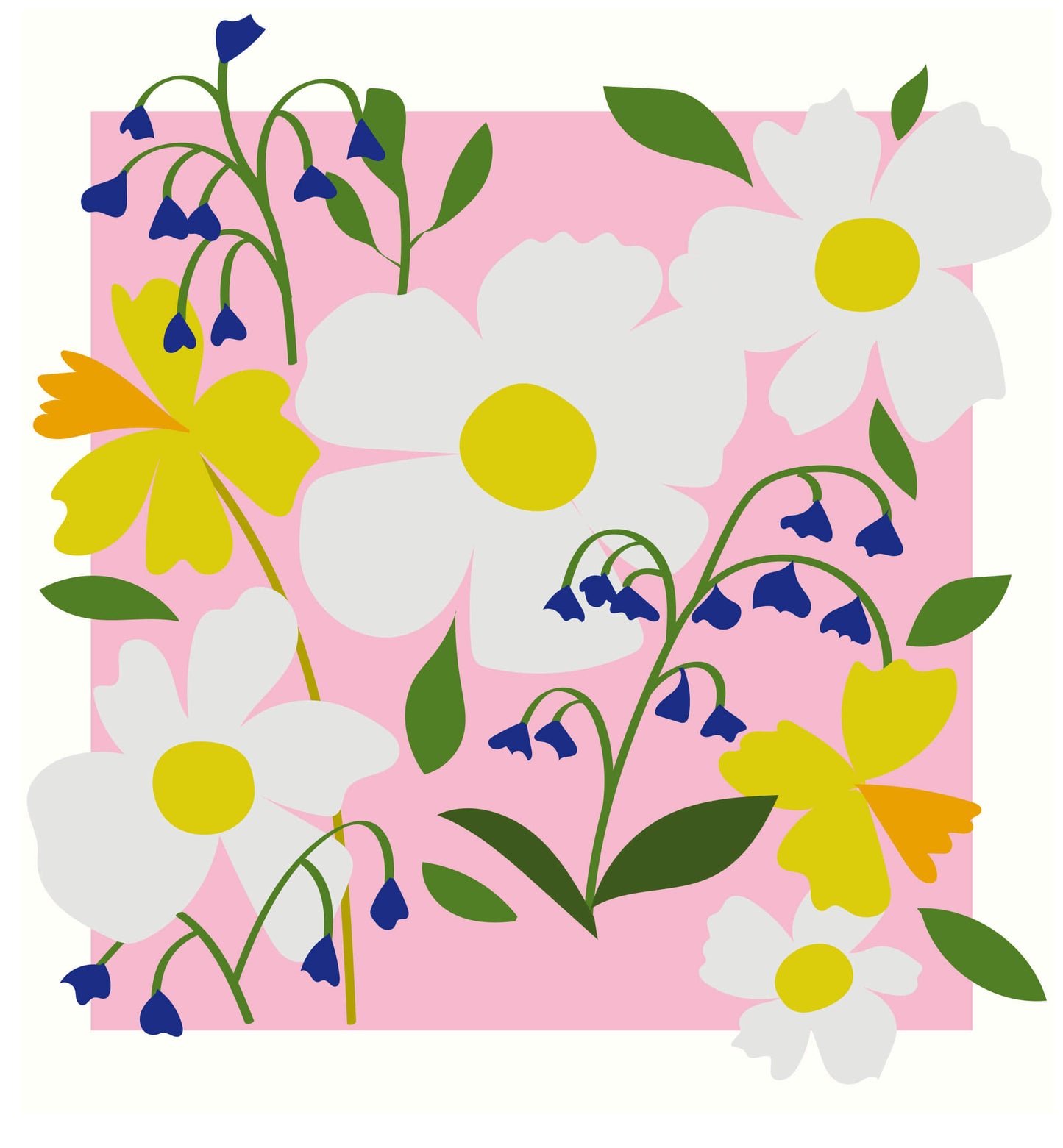 Meadow - Fleurs blanches et clochettes violettes sur fond rose