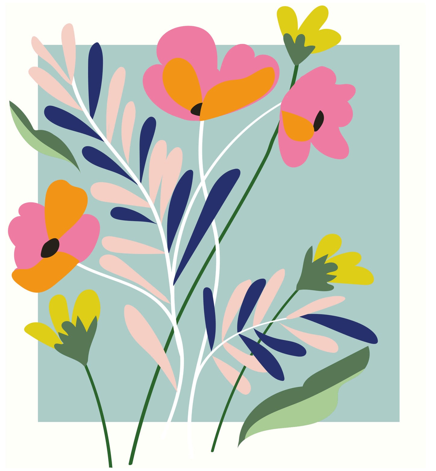Meadow - Fleurs roses et jaunes