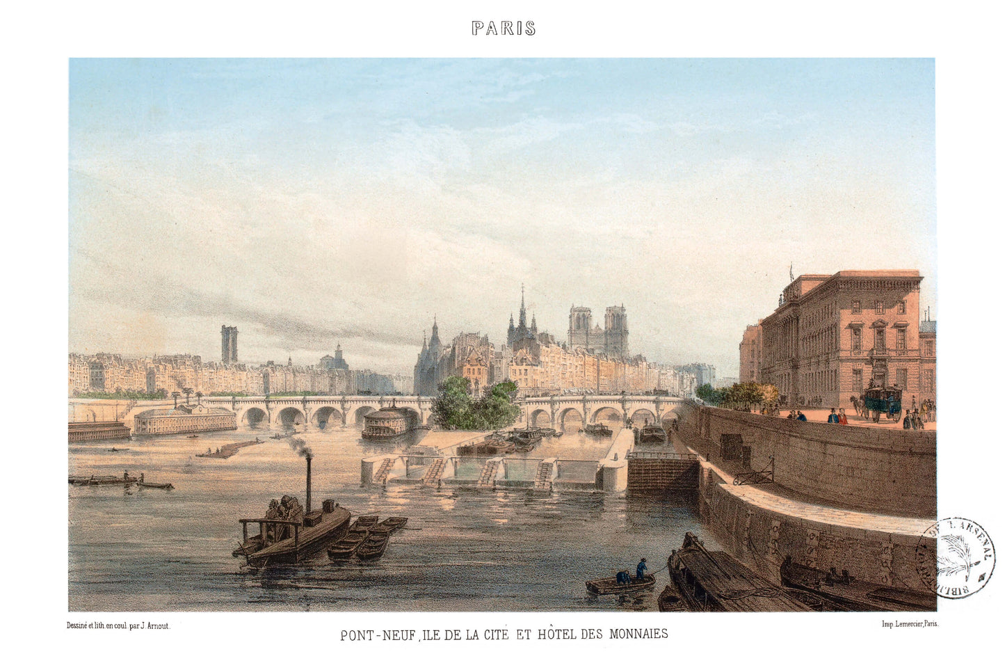 Paris Lithographie - Pont-Neuf, Ile de la Cité et Hôtel des Monnaies