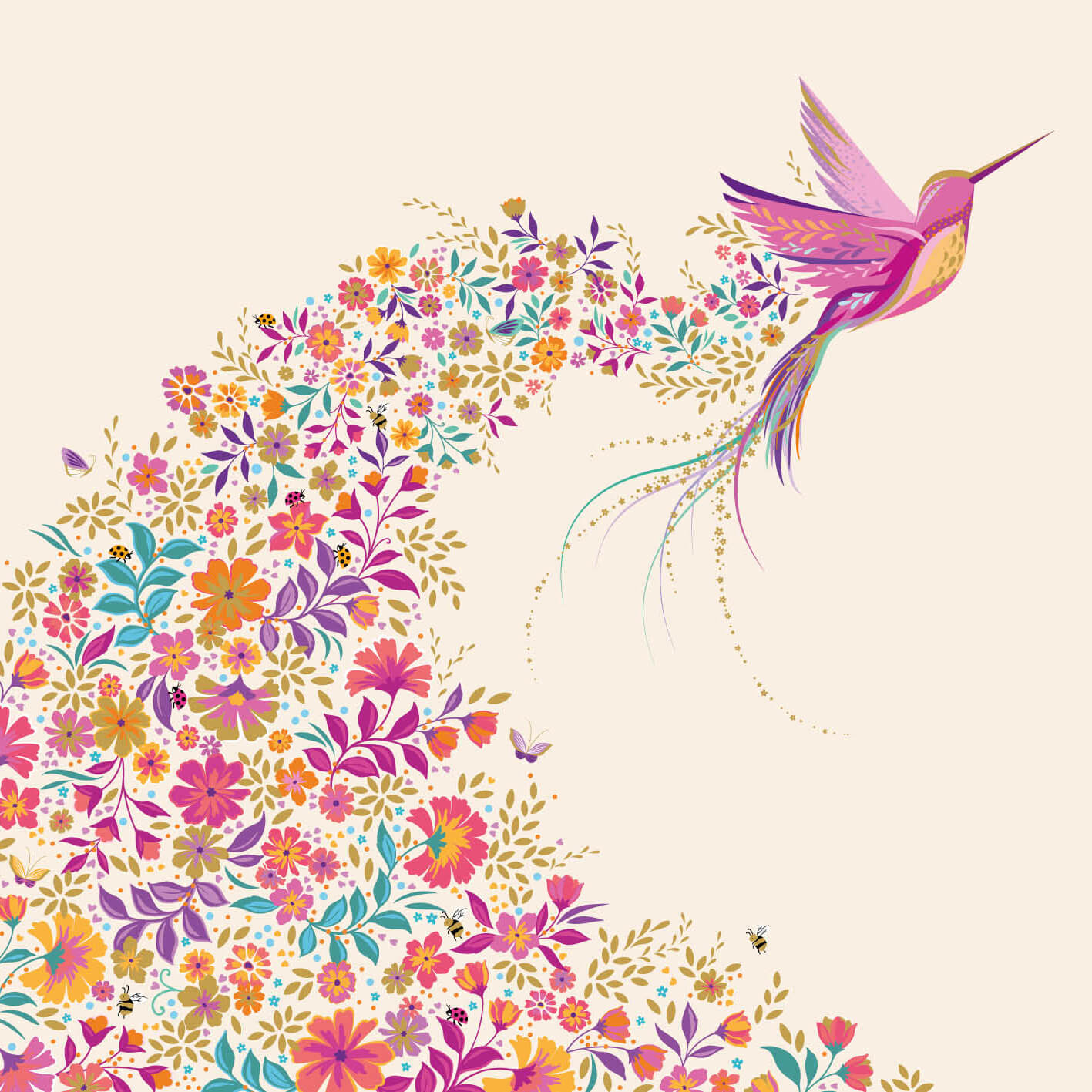 Sara Miller - Colibri rose et fleurs