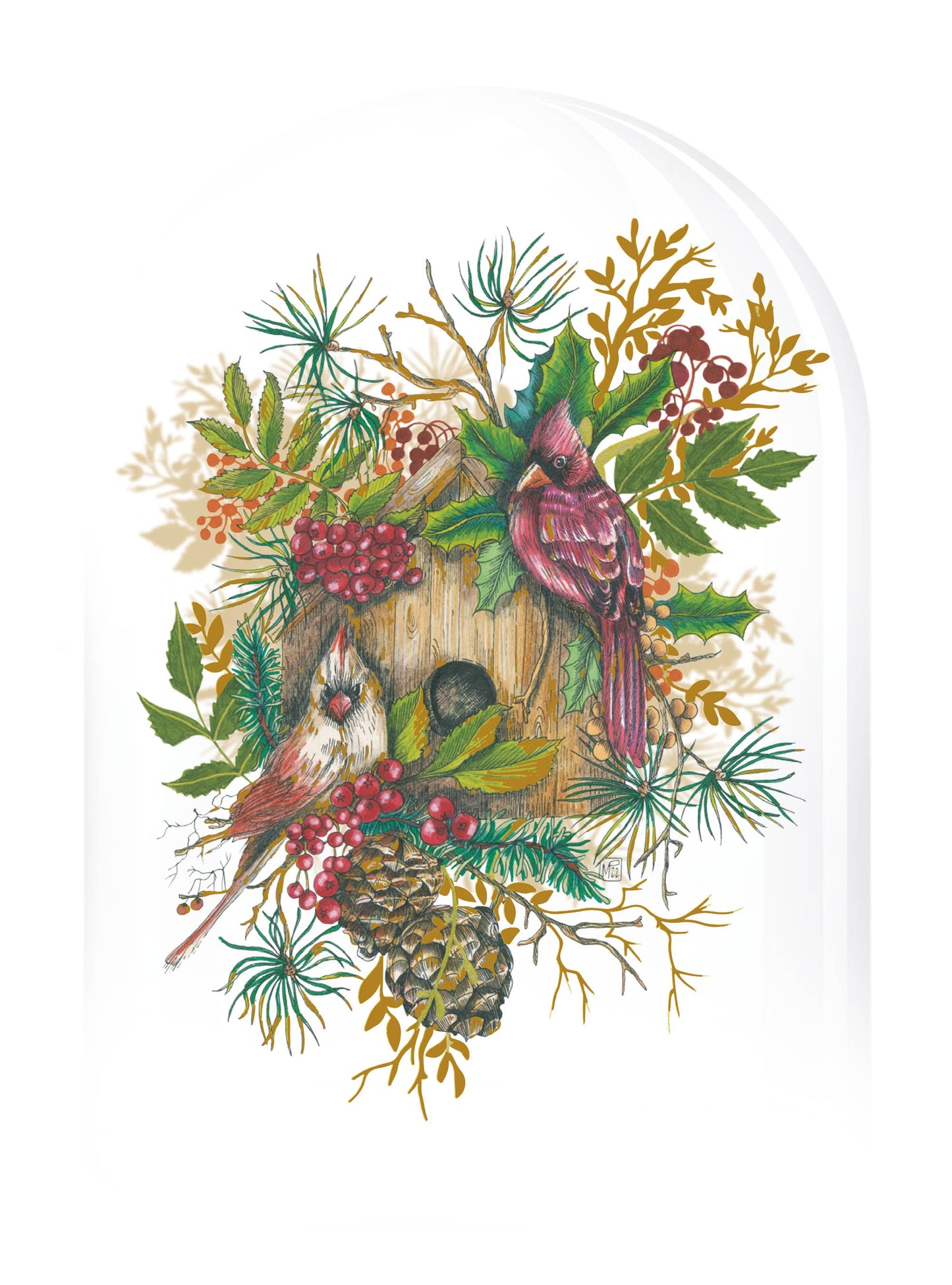 Secret Garden - cardinals under a glass bell