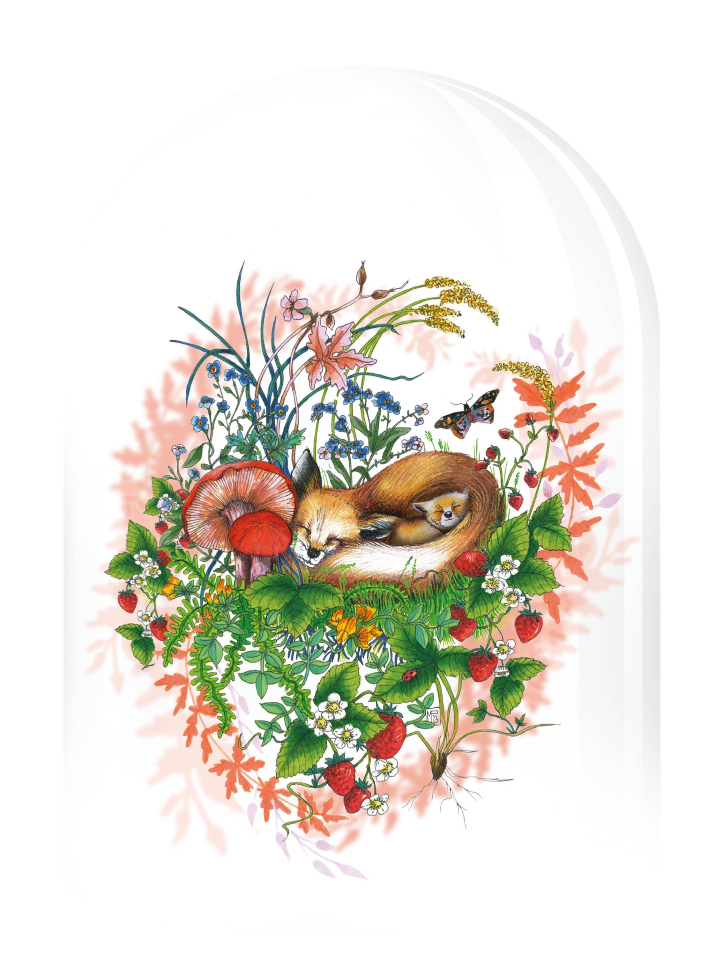Secret Garden - vixen and fox cubs under a glass bell