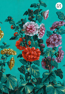Petit Carnet - Papier peint vert et roses trémières. Legrand.