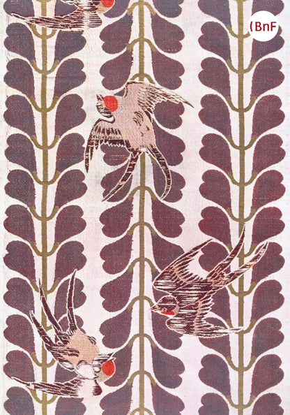 Petit Carnet - Oiseaux et fleurs de glycine stylisées. Oiseaux et camélias. Etoffes japonaises tissées et brochées. Maurice Pillard Verneuil.