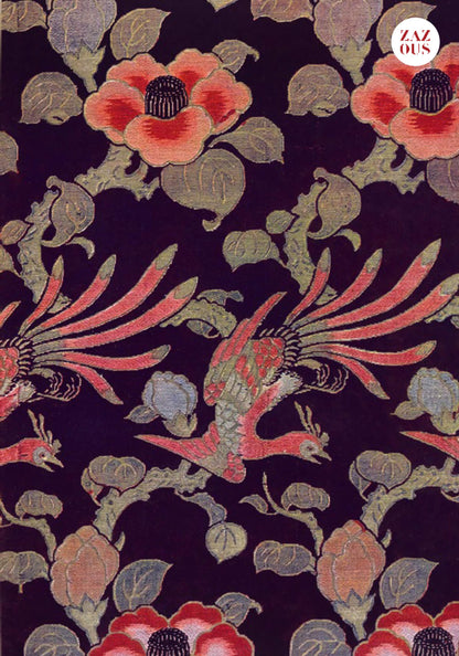 Petit Carnet - Oiseaux et fleurs de glycine stylisées. Oiseaux et camélias. Etoffes japonaises tissées et brochées. Maurice Pillard Verneuil.
