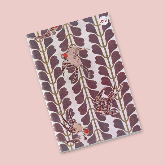 Petit Carnet - Oiseaux et fleurs de glycine stylisées. Oiseaux et camélias. Etoffes japonaises tissées et brochées. Maurice Pillard Verneuil.