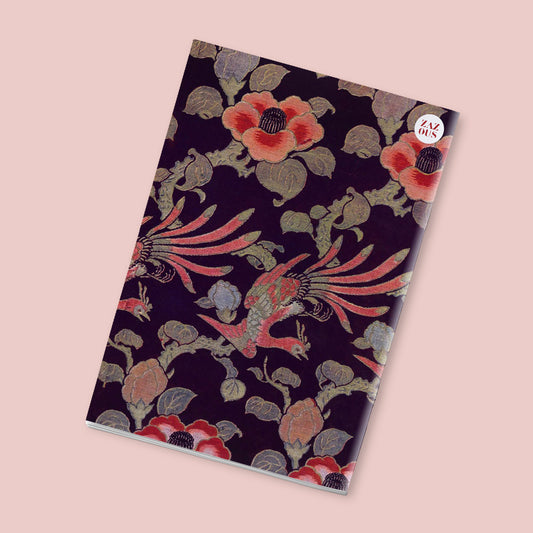 Petit Carnet - Oiseaux et fleurs de glycine stylisées. Oiseaux et camélias. Etoffes japonaises tissées et brochées. Maurice Pillard Verneuil.