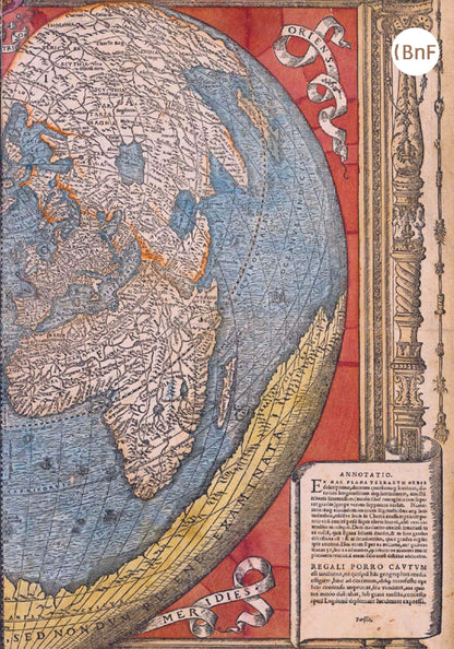 Petit Carnet - Mappemonde en forme de coeur montrant la Terre australe. 'Recens et integra orbis descriptio'. Oronce Fine, cartographe présumé.