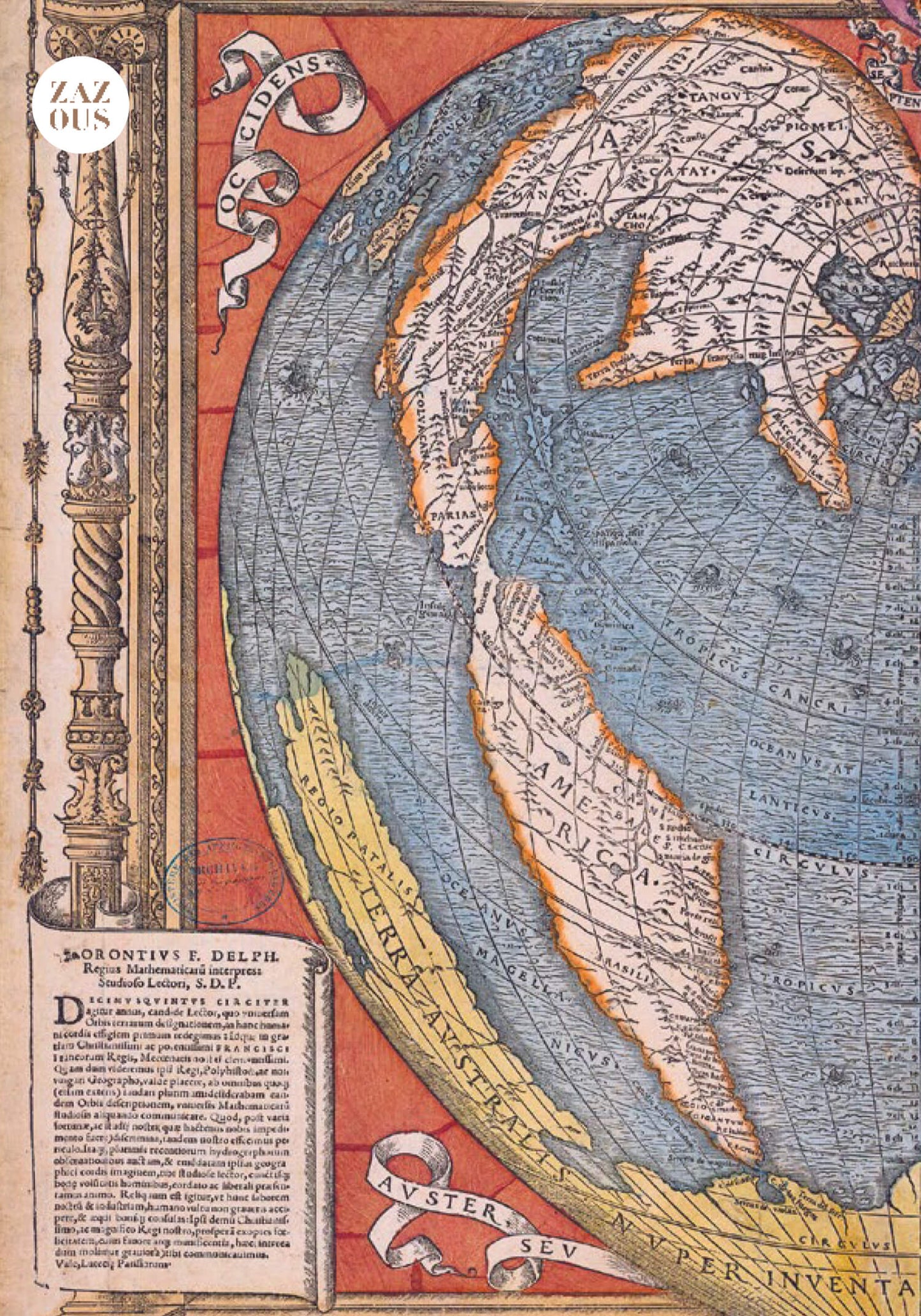 Petit Carnet - Mappemonde en forme de coeur montrant la Terre australe. 'Recens et integra orbis descriptio'. Oronce Fine, cartographe présumé.