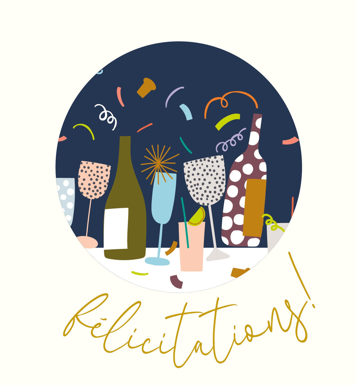 Let's Celebrate - glasses and bottles in a dark circle, on a light background