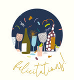 Let's Celebrate - verres et bouteilles dans un cercle foncé, sur fond clair