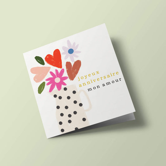Pompons - Vase de fleurs, 'joyeux anniversaire mon amour'