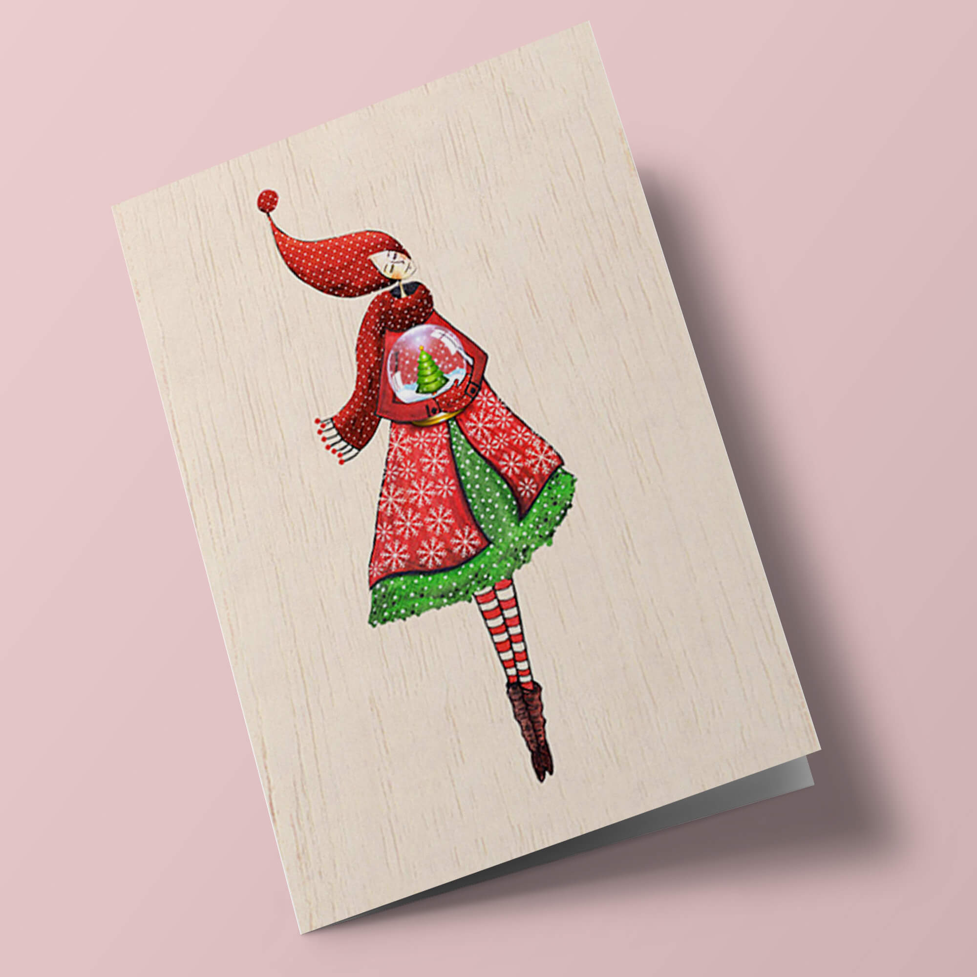 Carte en bois - Dame et boule à neige