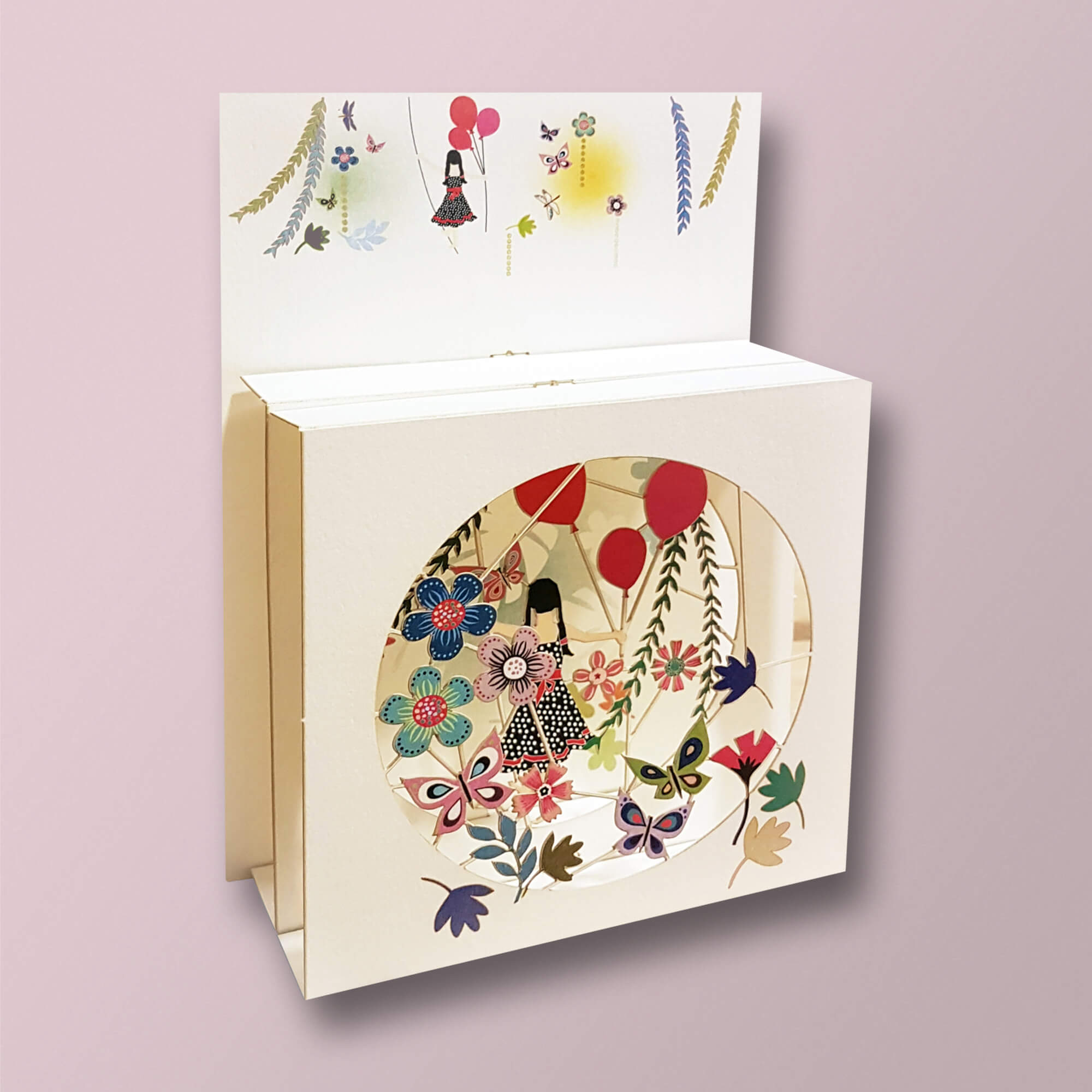 Carte box - Fille avec ballons, fleurs, papillons
