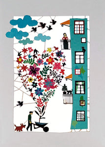 Carte découpée - Coeur de fleurs sous la fenêtre