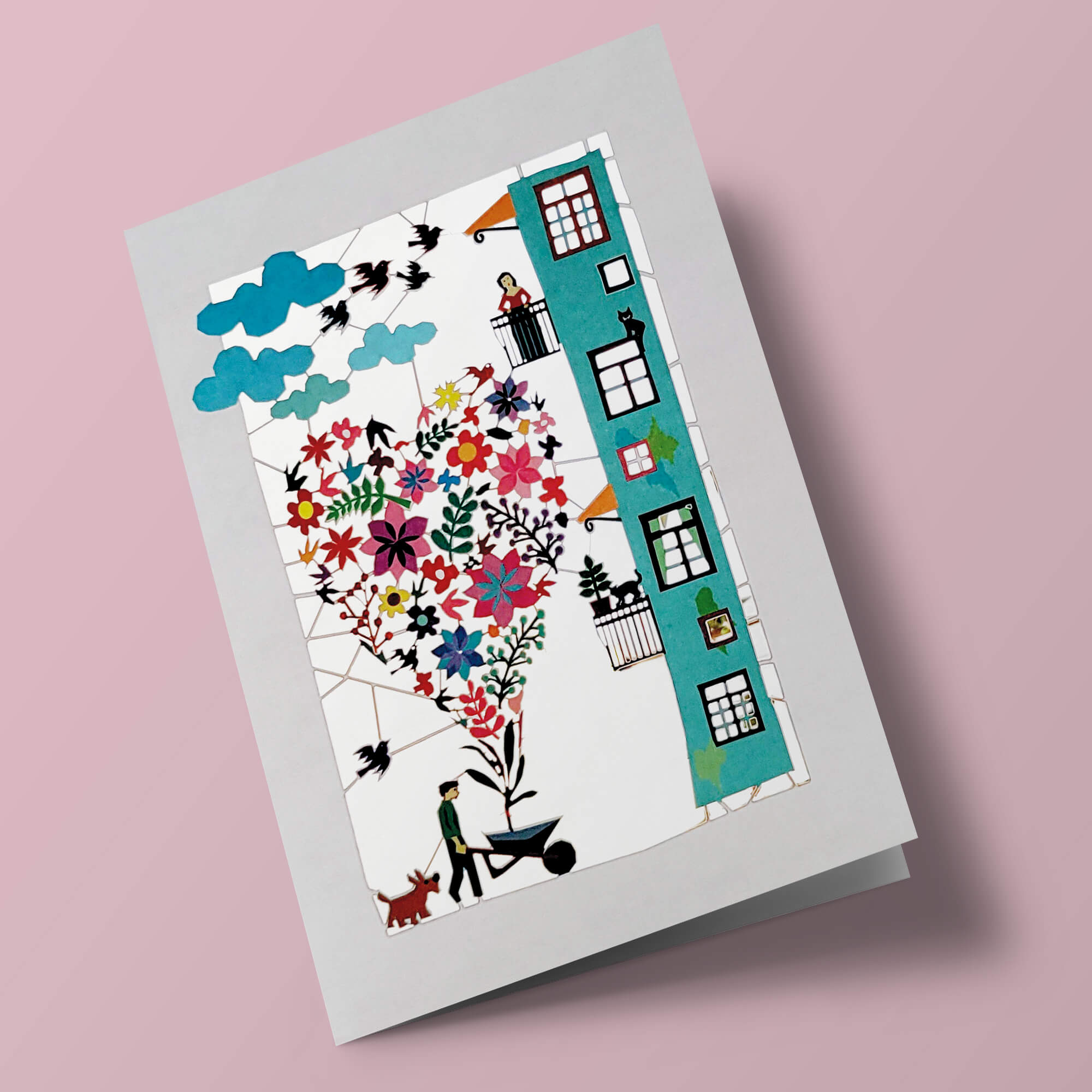 Carte découpée - Coeur de fleurs sous la fenêtre