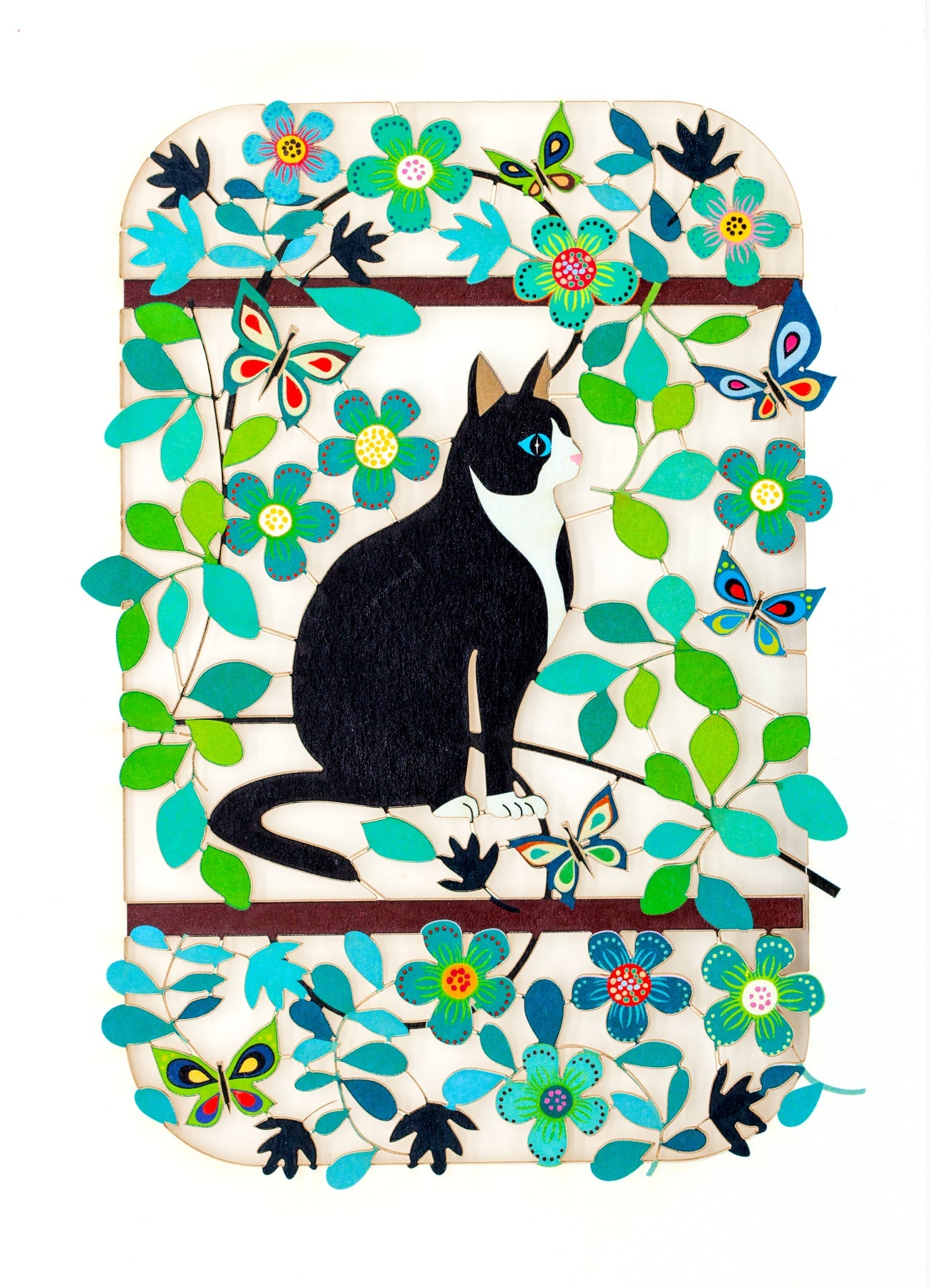 Carte découpée - Chat entouré des papillons et feuilles