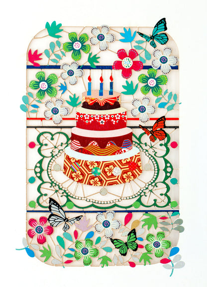 Carte découpée - Gateau entouré des fleurs et papillons