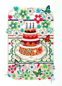 Carte découpée - Gateau entouré des fleurs et papillons