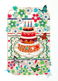 Carte découpée - Gateau entouré des fleurs et papillons