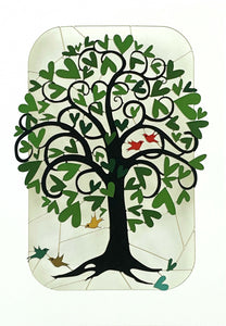 Carte découpée - Arbre vert 2 oiseaux rouges