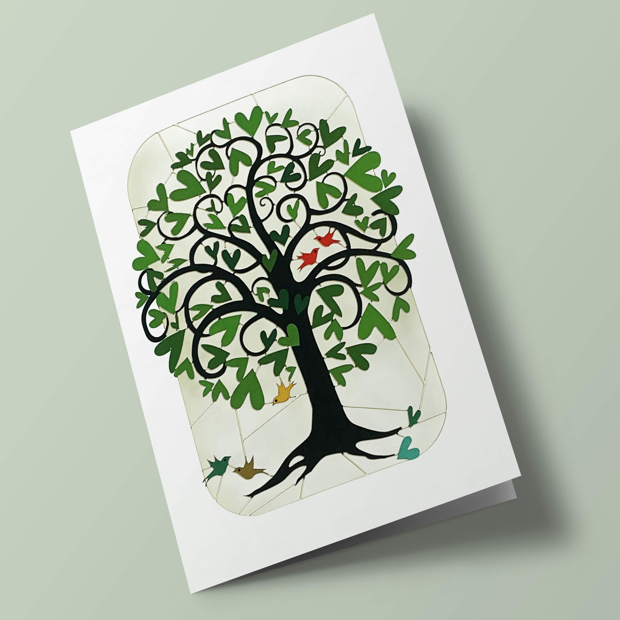 Carte découpée - Arbre vert 2 oiseaux rouges