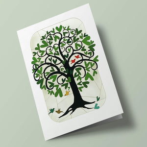 Carte découpée - Arbre vert 2 oiseaux rouges