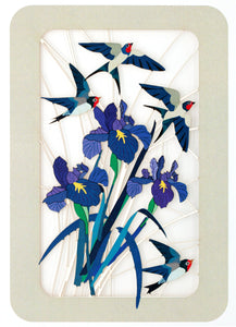 Carte découpée - Oiseaux (hirondelles) et iris