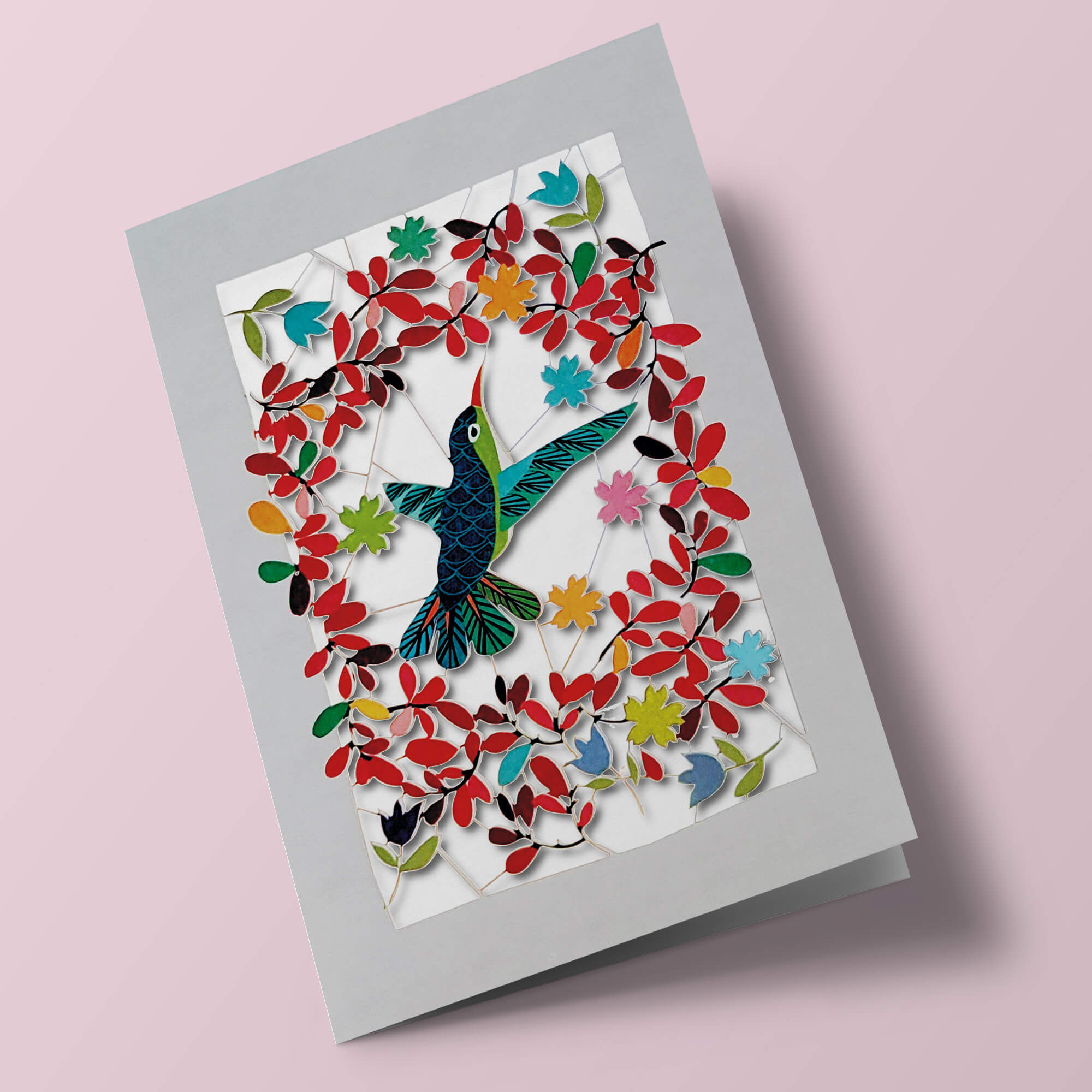 Carte découpée - Colibri et fleurs