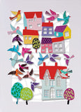 Carte découpée - Oiseaux et maisons