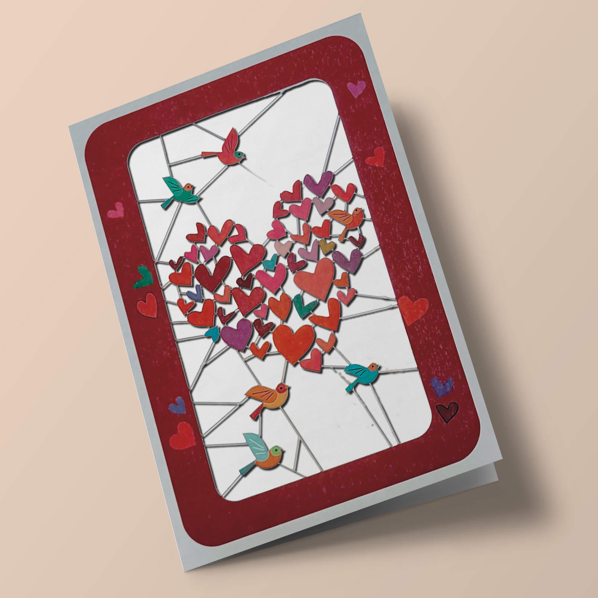 Carte découpée - Cœurs et oiseaux