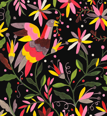 Fiesta - Oiseau et fleurs, fond noir