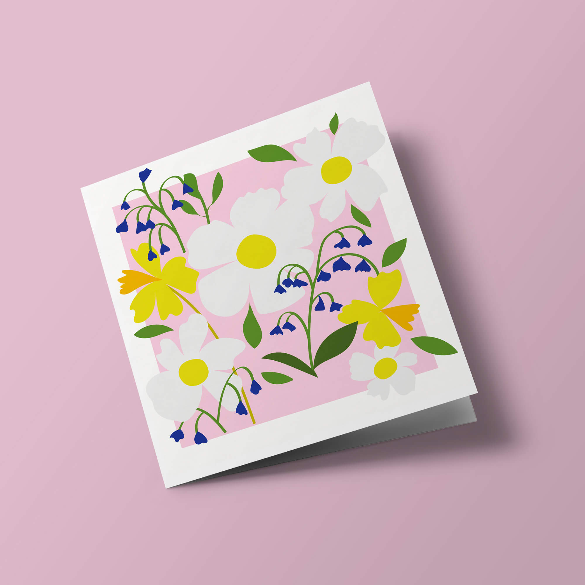 Meadow - Fleurs blanches et clochettes violettes sur fond rose