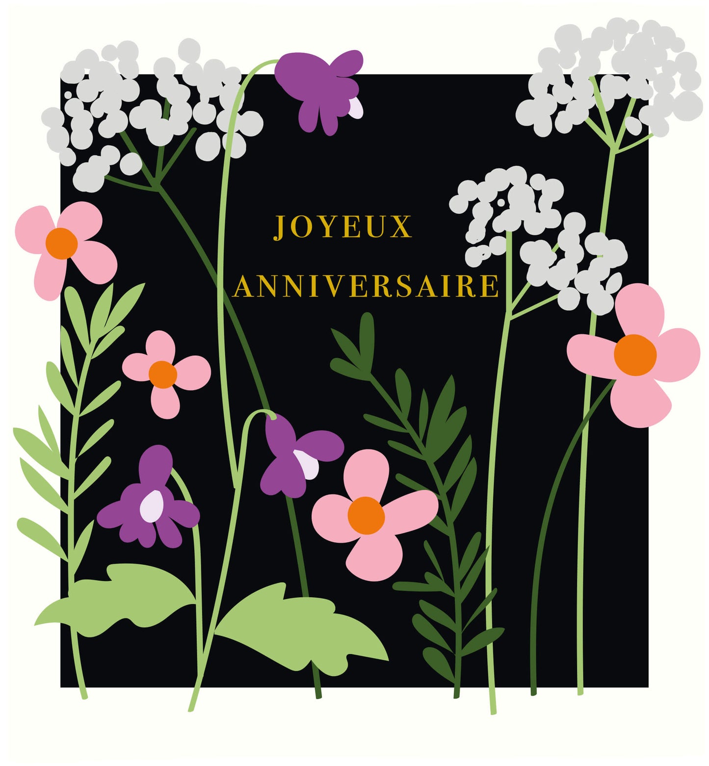 Meadow - Fleurs roses, blanches et violettes sur fond noir, joyeux anniversaire
