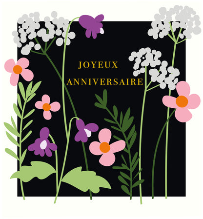 Meadow - Fleurs roses, blanches et violettes sur fond noir, joyeux anniversaire