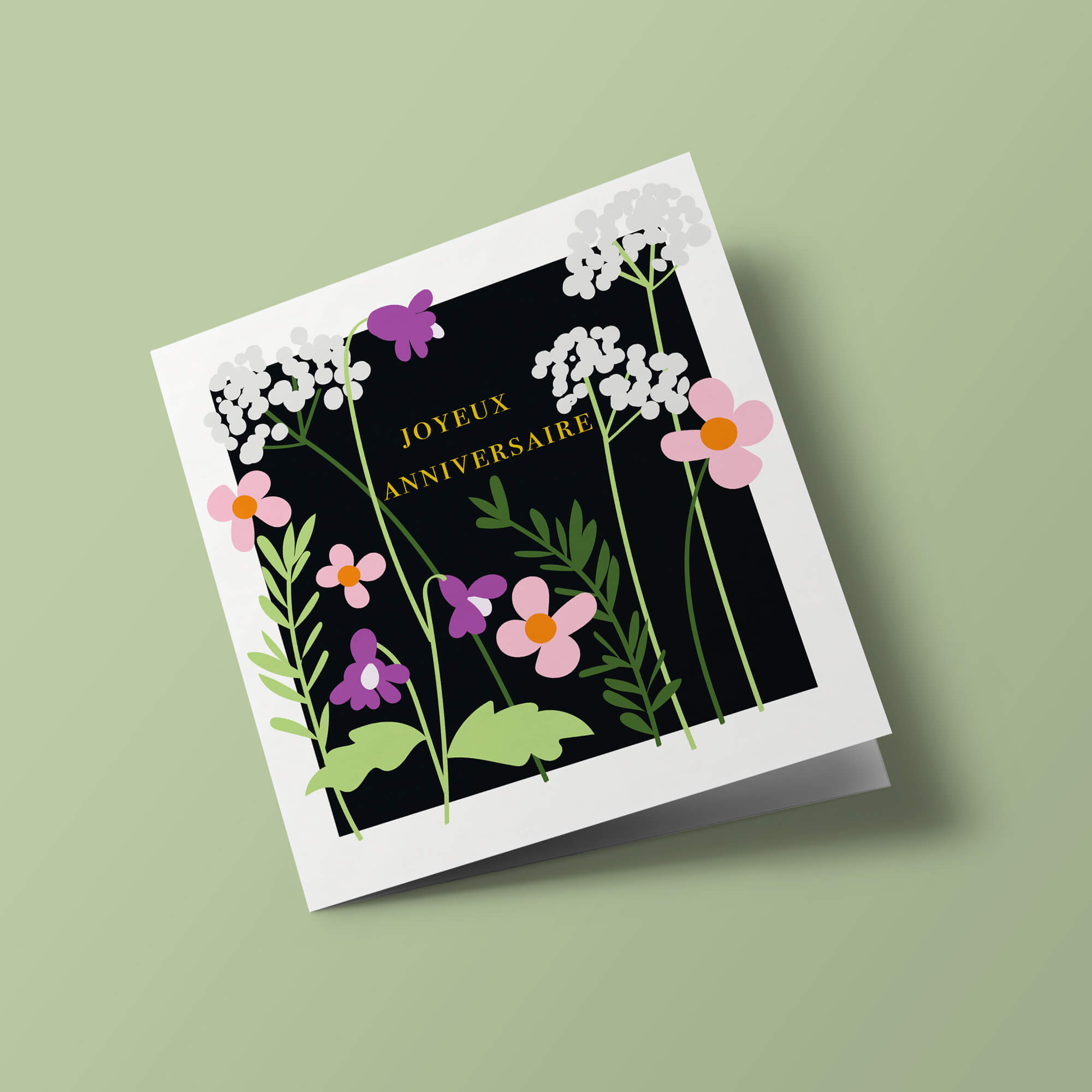 Meadow - Fleurs roses, blanches et violettes sur fond noir, joyeux anniversaire