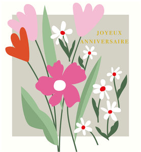 Meadow - Marguerites et fleurs roses sur fond gris, joyeux anniversaire