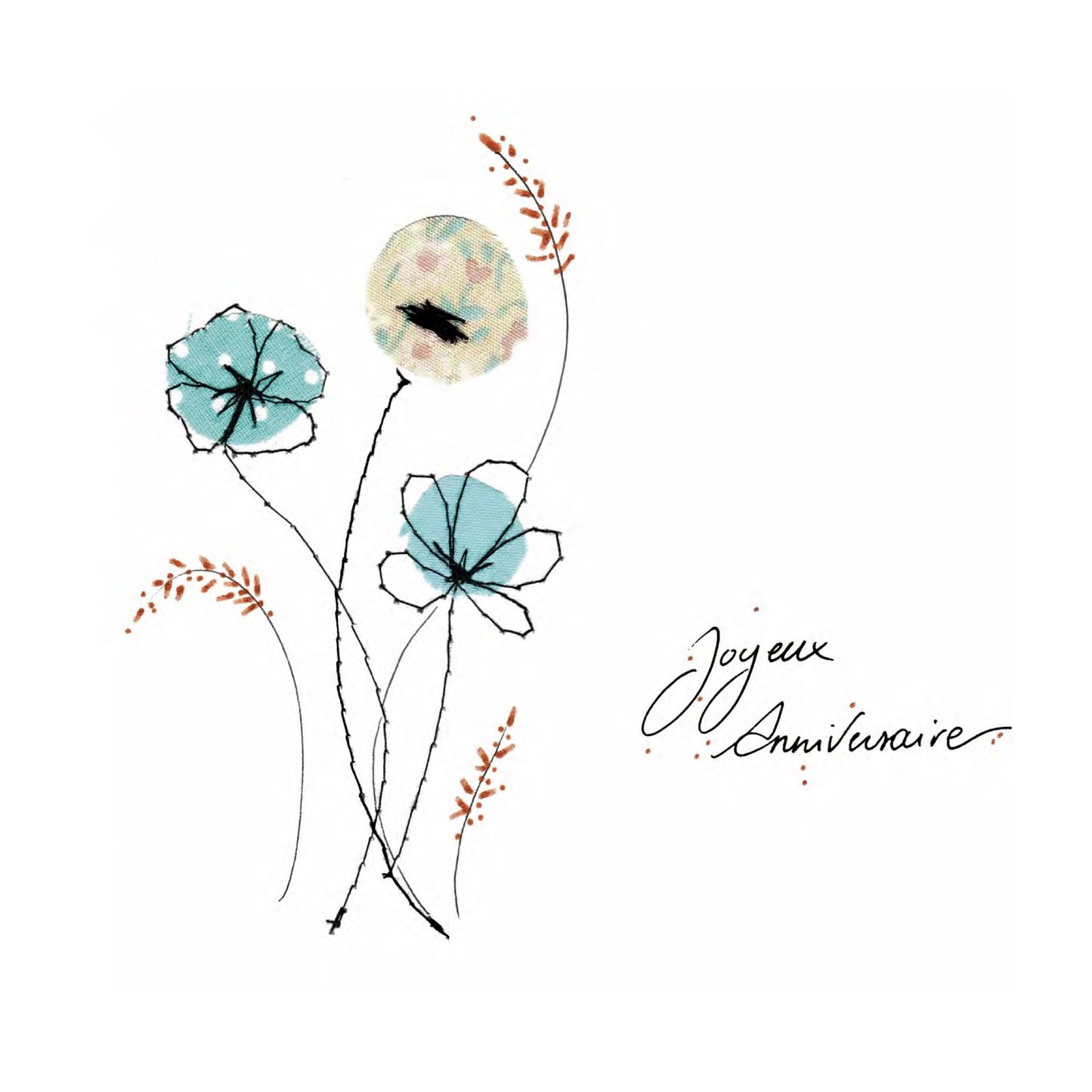 Cousue de fil blanc - Trois fleurs, anniversaire
