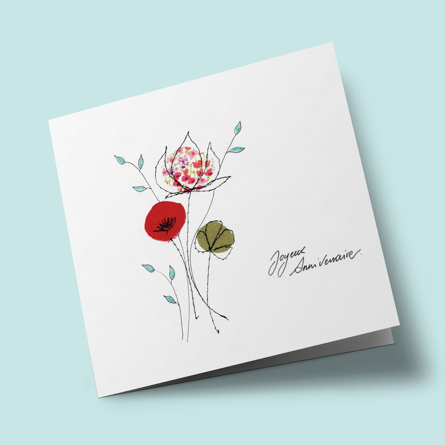 Cousue de fil blanc - Trois fleurs, anniversaire