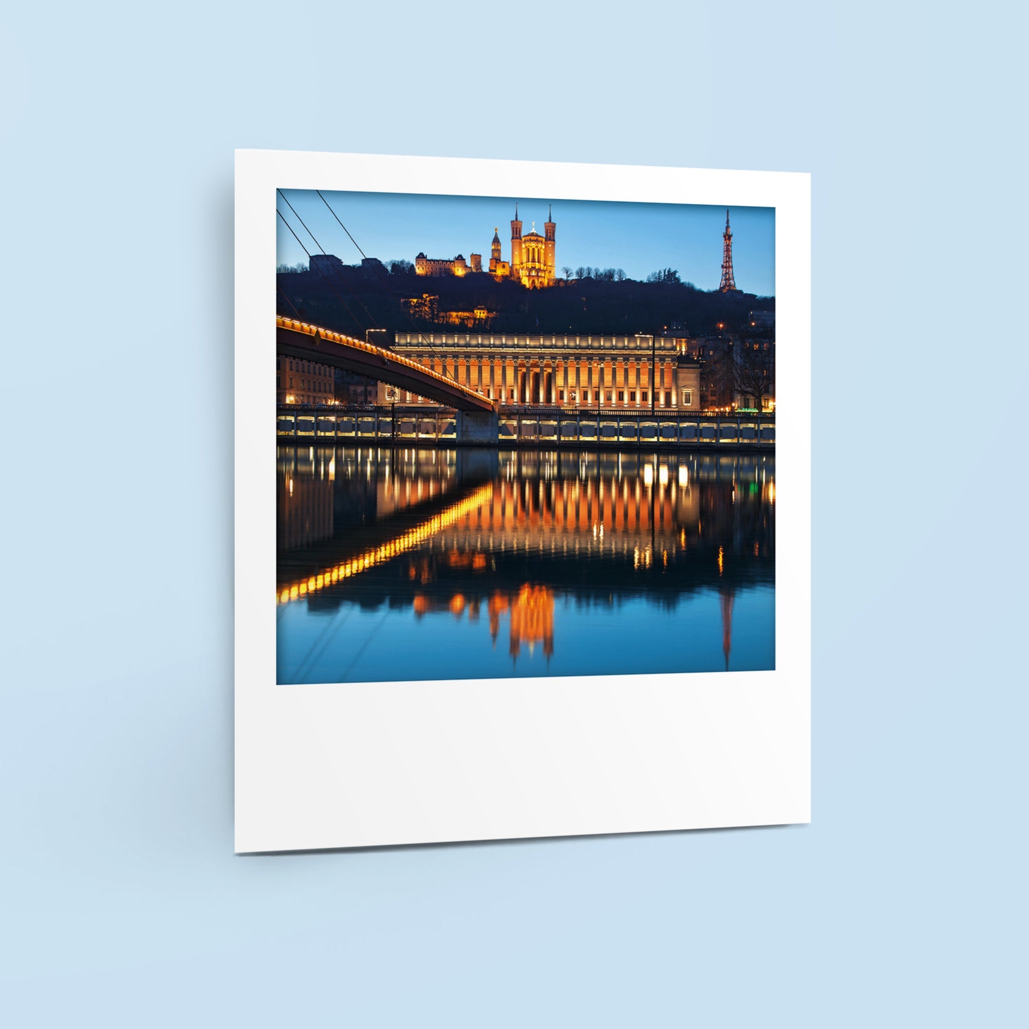 Carte polaroid - Palais de justice, Fourvière et pont par nuit, Lyon