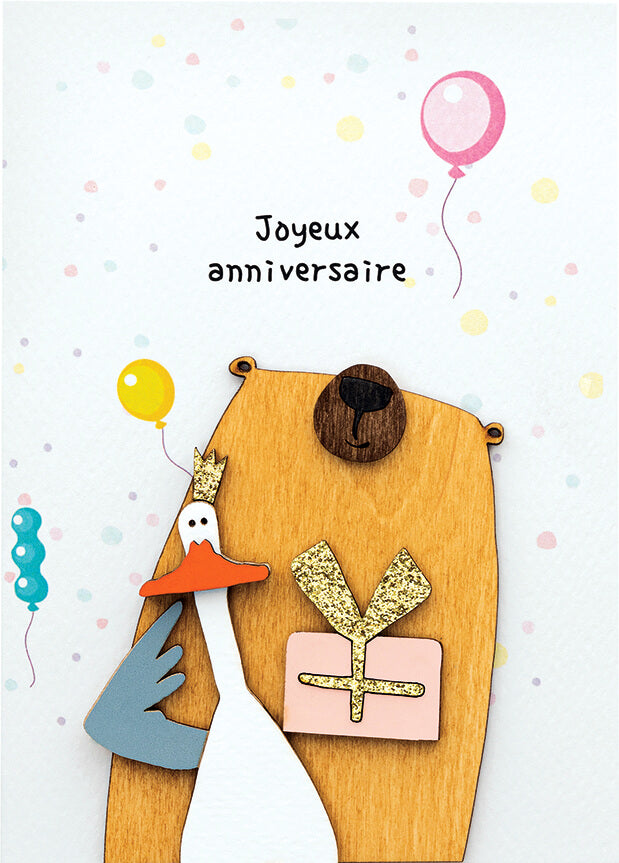 Bouts de bois - Joyeux anniversaire, ours et oie avec cadeau
