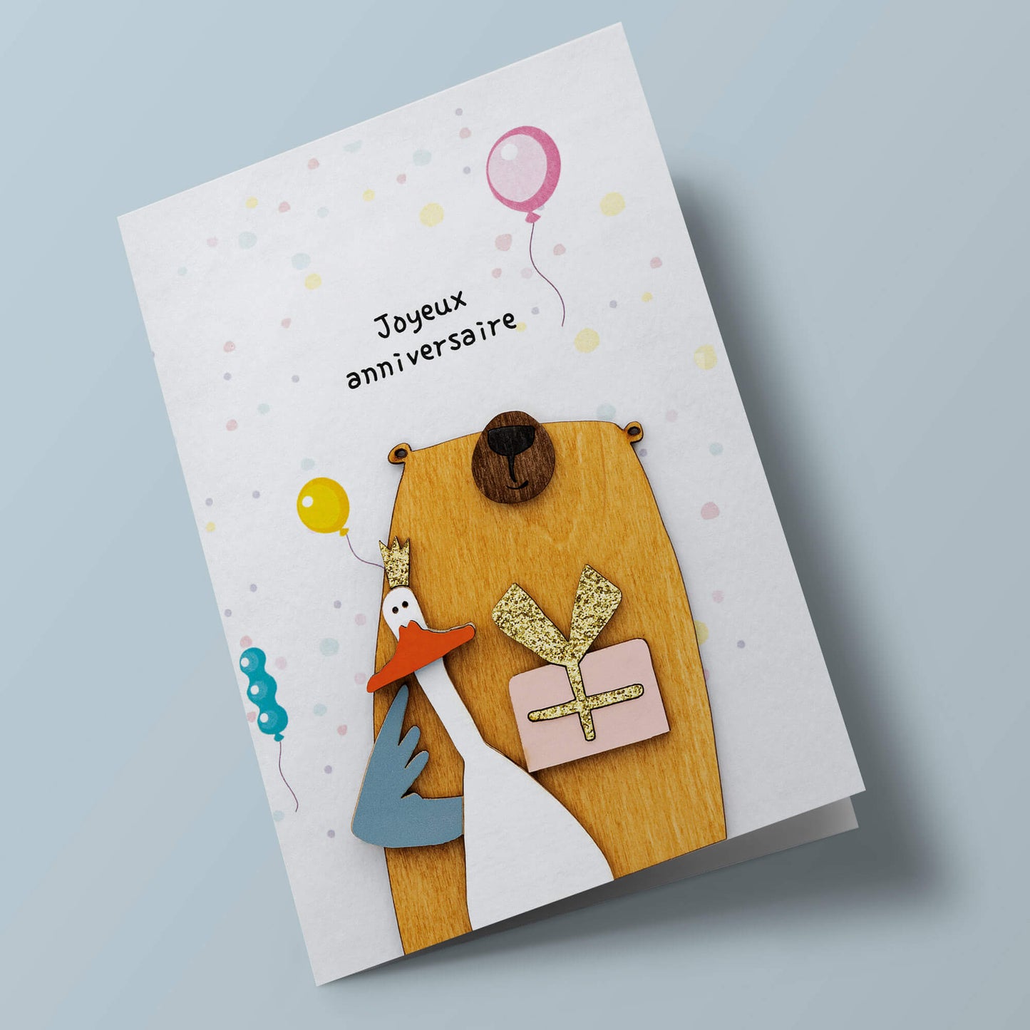 Bouts de bois - Joyeux anniversaire, ours et oie avec cadeau