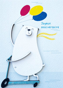 Bouts de bois - "Joyeux anniversaire" Ours sur scooter avec ballons