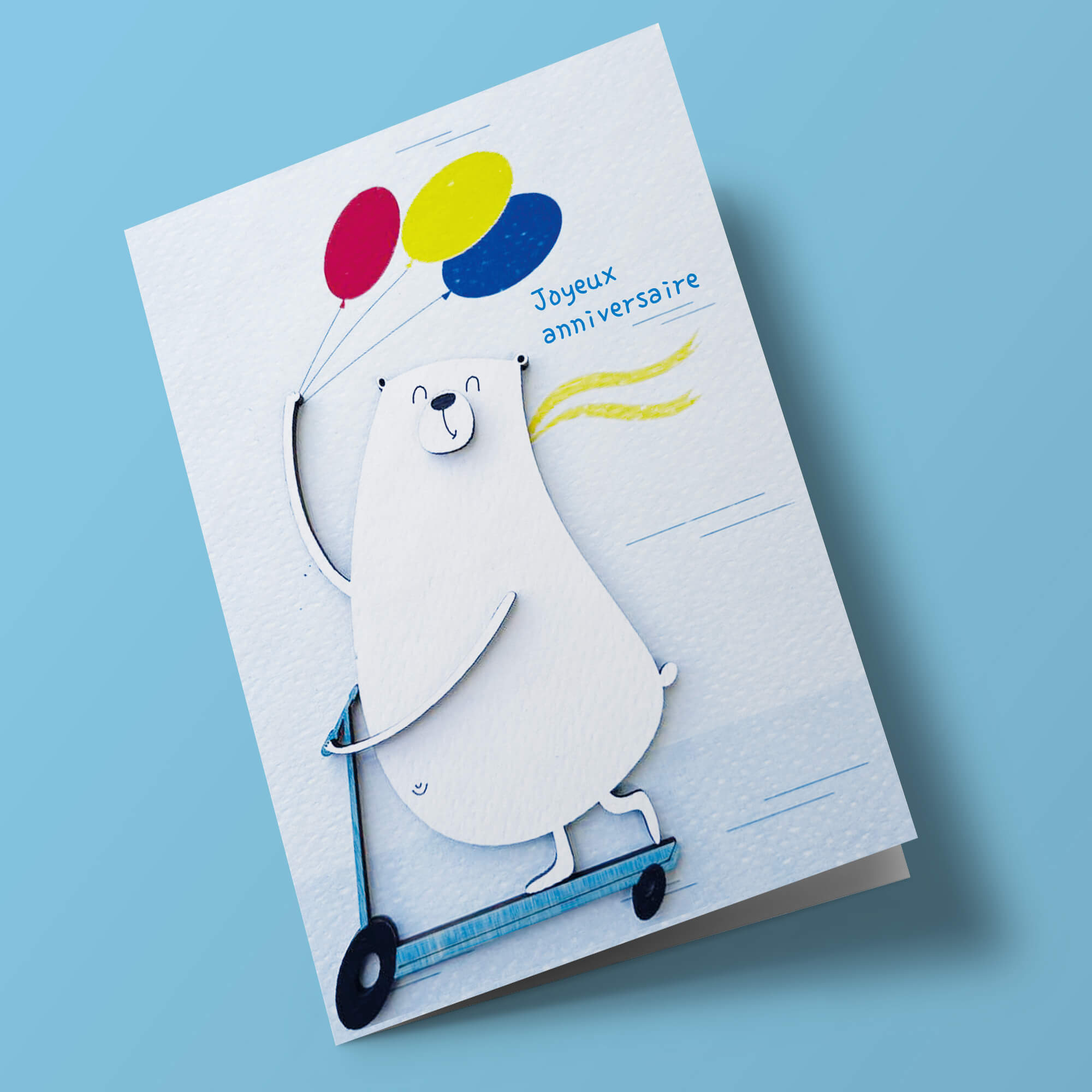 Bouts de bois - "Joyeux anniversaire" Ours sur scooter avec ballons
