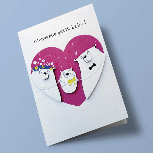 Bouts de bois - "Bienvenue petit bébé !" deux ours et un ourson, au sien d'un cœur