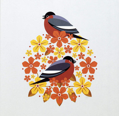 I like birds - Oiseaux bouvreuils parmi les fleurs