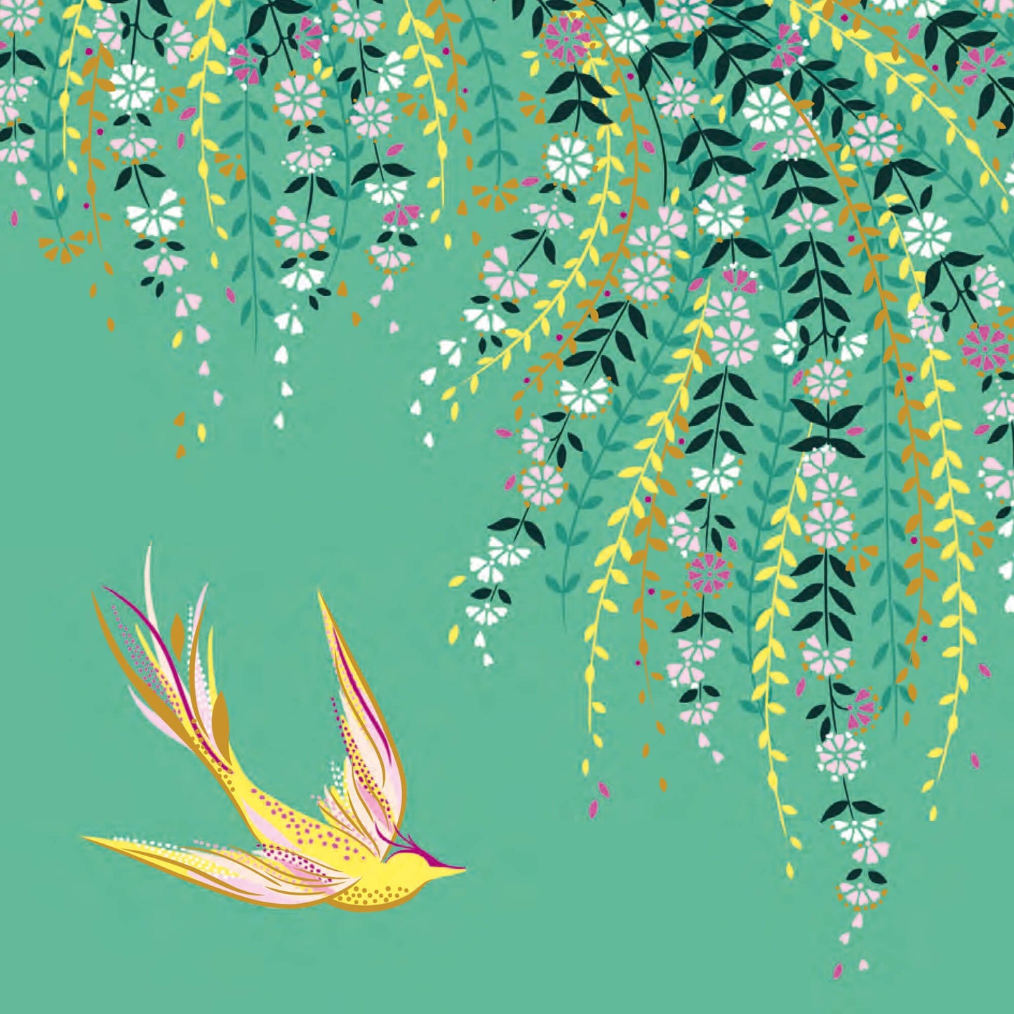 Sara Miller - Oiseau et feuillage sur fond vert clair